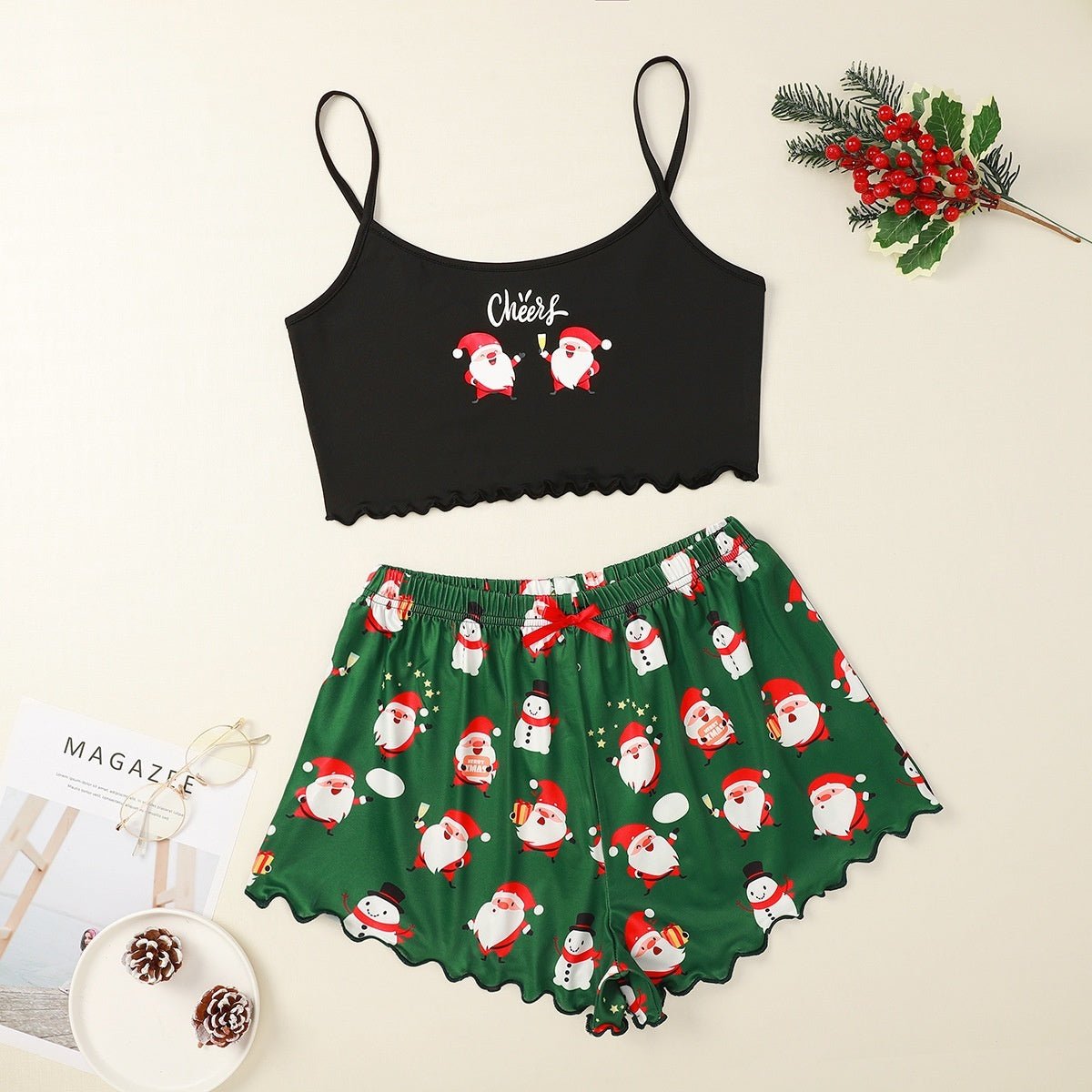Christmas European And American Thin Pajamas Women's Sleeveless Shorts Milk Silk Simple Casual Two - piece Suit Homewear - silverfoxgoods